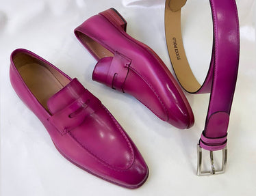 TucciPolo Luma Classic Elegant Purple Pink Italian Leather Mens Luxury Loafer Handmade Shoe with Matching Belt Combo