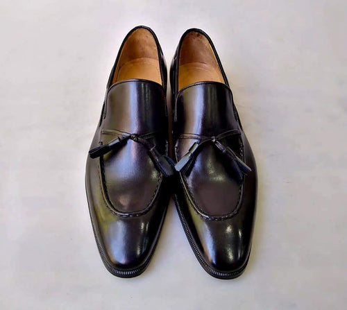 TucciPolo Mens Black Handcrafted Tassel Italian Calfskin Luxury Loafers