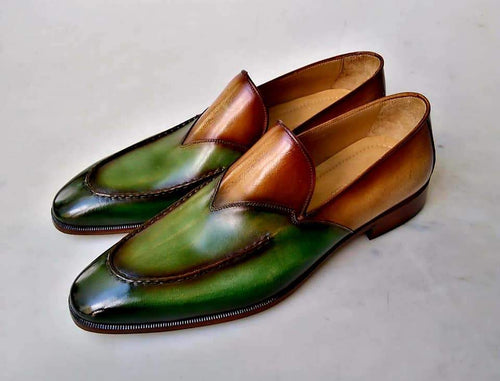 TucciPolo Mens Special Edition two tone Green & Tan Luxury Handmade Loafers