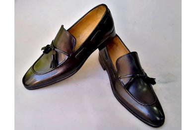 TucciPolo Mens Black Handcrafted Tassel Italian Calfskin Luxury Loafers