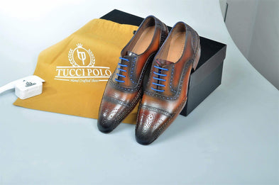 TucciPolo Brown & Blue Prestigiously Designed HandWelted Oxford Mens Luxury Shoes