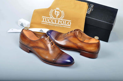 TucciPolo Prestigiously Handcrafted Brown with Blueish Toe Luxury Oxford Mens Italian Leather Shoes
