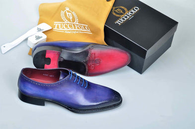 TucciPolo Burnished Royal Blue Alessandro Wholecut handmade Luxury HandWelted Oxford Italian Leather Mens Shoes