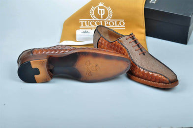 TucciPolo Half Genuine Orange Stingray with Weave Leather Prestigiously HandWelted Oxford Mens Luxury Shoes
