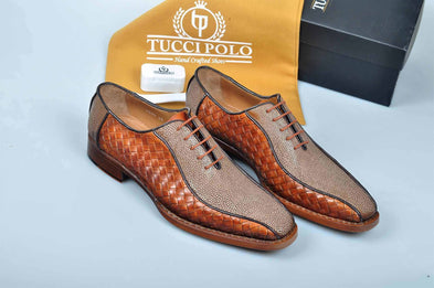TucciPolo Half Genuine Orange Stingray with Weave Leather Prestigiously HandWelted Oxford Mens Luxury Shoes
