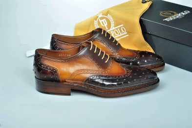 TucciPolo Two Tone Brown Prestigiously Handcrafted Goodyear Welted Ostrich Leather Oxford Mens Luxury Shoes