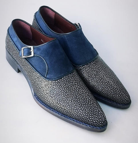 TucciPolo Mens Genuine Blue Stingray with Half Suede HandWelted Handmade Monkstrap Pointed Toe Shoe