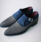 TucciPolo Mens Genuine Blue Stingray with Half Suede HandWelted Handmade Monkstrap Pointed Toe Shoe