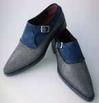 TucciPolo Mens Genuine Blue Stingray with Half Suede HandWelted Handmade Monkstrap Pointed Toe Shoe