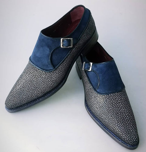TucciPolo Mens Genuine Blue Stingray with Half Suede HandWelted Handmade Monkstrap Pointed Toe Shoe