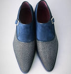 TucciPolo Mens Genuine Blue Stingray with Half Suede HandWelted Handmade Monkstrap Pointed Toe Shoe