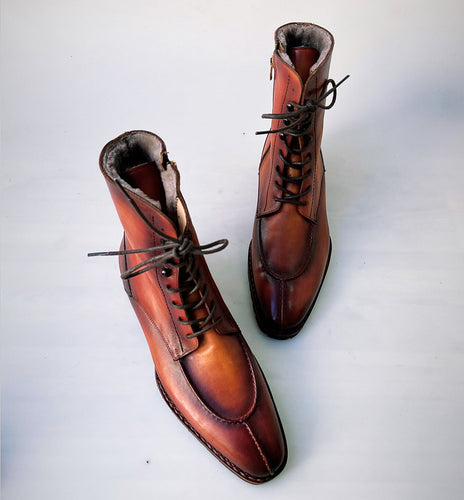 TucciPolo Mens handmade Luxury Italian leather Winter Burnished Split Toe Tan Fur Dress Boots