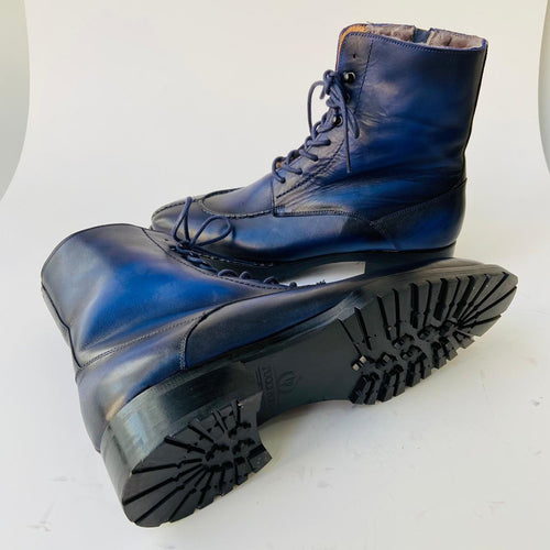 TucciPolo Mens handmade Luxury Italian leather Winter Navy Blue Split Toe Fur Dress Boots