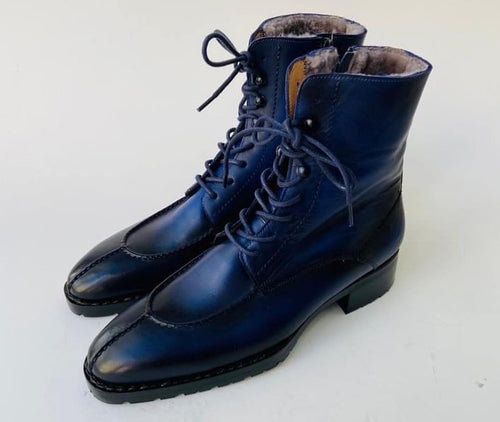 Buy TucciPolo Mens handmade Luxury Italian leather Winter Navy Blue Split Toe Fur Dress Boots