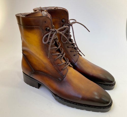 TucciPolo Mens handmade Luxury Italian leather Winter Fur Split Toe burnished Camel Color Dress Boots