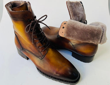 TucciPolo Mens handmade Luxury Italian leather Winter Fur Split Toe burnished Camel Color Dress Boots