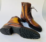 TucciPolo Mens handmade Luxury Italian leather Winter Fur Split Toe burnished Camel Color Dress Boots