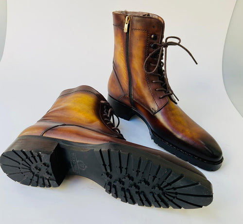 TucciPolo Mens handmade Luxury Italian leather Winter Fur Split Toe burnished Camel Color Dress Boots