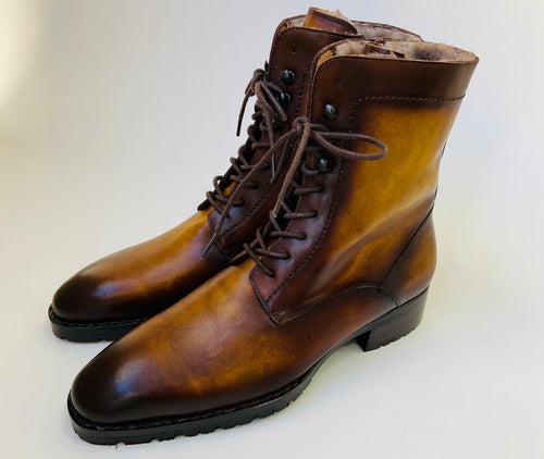 TucciPolo Mens handmade Luxury Italian leather Winter Fur Split Toe burnished Camel Color Dress Boots