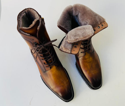 TucciPolo Mens handmade Luxury Italian leather Winter Fur Split Toe burnished Camel Color Dress Boots
