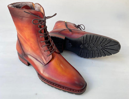 TucciPolo Mens handmade Luxury Italian leather Winter Fur Split Toe Burnished Tan color Dress Boots
