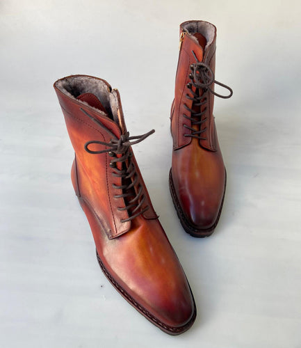 TucciPolo Mens handmade Luxury Italian leather Winter Fur Split Toe Burnished Tan color Dress Boots