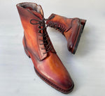 TucciPolo Mens handmade Luxury Italian leather Winter Fur Split Toe Burnished Tan color Dress Boots