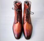 TucciPolo Mens handmade Luxury Italian leather Winter Fur Split Toe Burnished Tan color Dress Boots