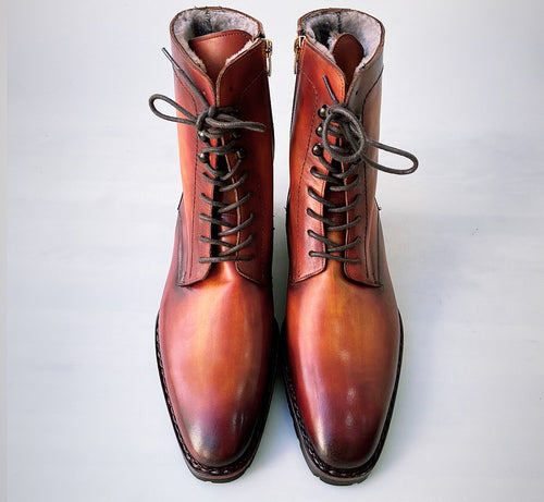 TucciPolo Mens handmade Luxury Italian leather Winter Fur Split Toe Burnished Tan color Dress Boots