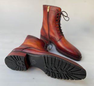 TucciPolo Mens handmade Luxury Italian leather Winter Fur Split Toe Burnished Tan color Dress Boots