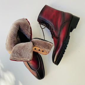 TucciPolo Mens handmade Luxury Italian leather Winter Fur Split Toe burnished burgundy custom made Dress Boots