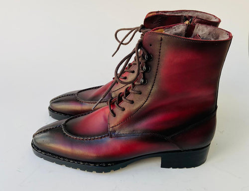 TucciPolo Mens handmade Luxury Italian leather Winter Fur Split Toe burnished burgundy custom made Dress Boots