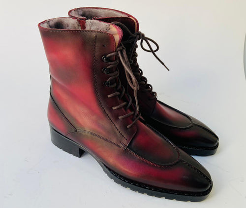 Buy TucciPolo Mens handmade Luxury Italian leather Winter Fur Split Toe burnished burgundy custom made Dress Boots