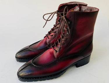 TucciPolo Mens handmade Luxury Italian leather Winter Fur Split Toe burnished burgundy custom made Dress Boots