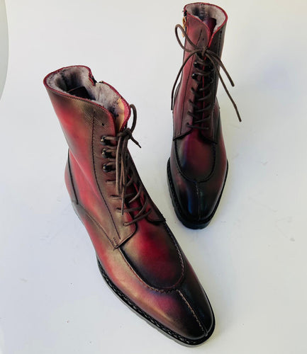 TucciPolo Mens handmade Luxury Italian leather Winter Fur Split Toe burnished burgundy custom made Dress Boots