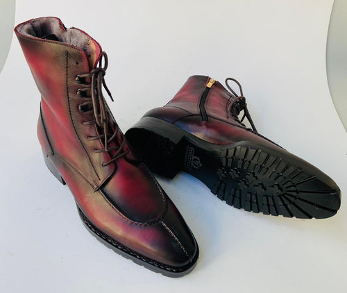 TucciPolo Mens handmade Luxury Italian leather Winter Fur Split Toe burnished burgundy custom made Dress Boots