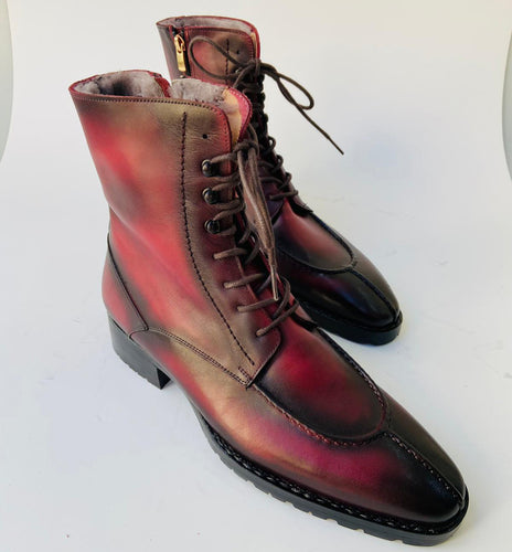 TucciPolo Mens handmade Luxury Italian leather Winter Fur Split Toe burnished burgundy custom made Dress Boots