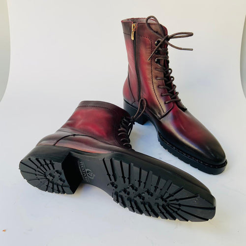 TucciPolo Mens handmade Luxury Italian leather Winter Fur burnished burgundy dress Boots