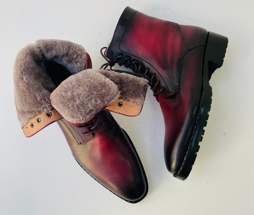 TucciPolo Mens handmade Luxury Italian leather Winter Fur burnished burgundy dress Boots