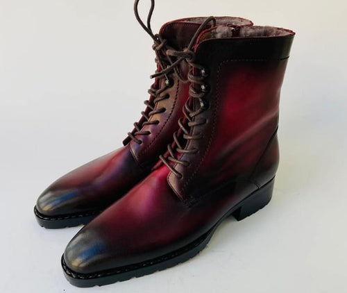 TucciPolo Mens handmade Luxury Italian leather Winter Fur burnished burgundy dress Boots