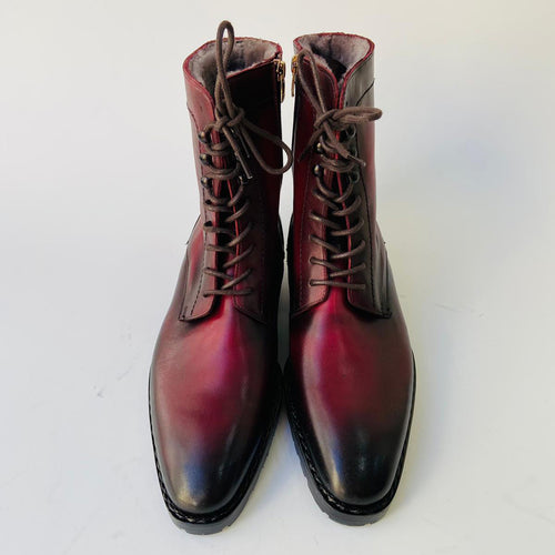 TucciPolo Mens handmade Luxury Italian leather Winter Fur burnished burgundy dress Boots