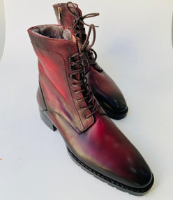 TucciPolo Mens handmade Luxury Italian leather Winter Fur burnished burgundy dress Boots