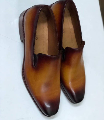 TucciPolo Mens Classic Italian leather Handmade Slip-on burnished brown Loafers Shoes