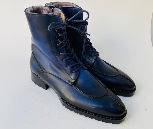 TucciPolo Mens handmade Luxury Italian leather Winter Navy Blue Split Toe Fur Dress Boots