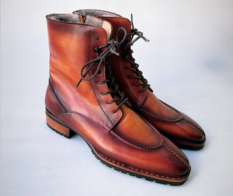 TucciPolo Mens handmade Luxury Italian leather Winter Burnished Split Toe Tan Fur Dress Boots