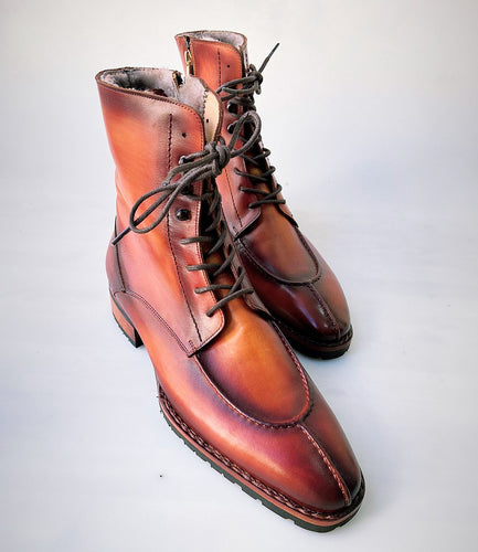 TucciPolo Mens handmade Luxury Italian leather Winter Burnished Split Toe Tan Fur Dress Boots