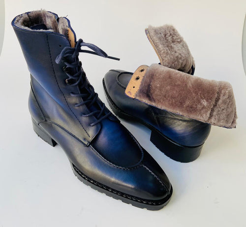 TucciPolo Mens handmade Luxury Italian leather Winter Navy Blue Split Toe Fur Dress Boots