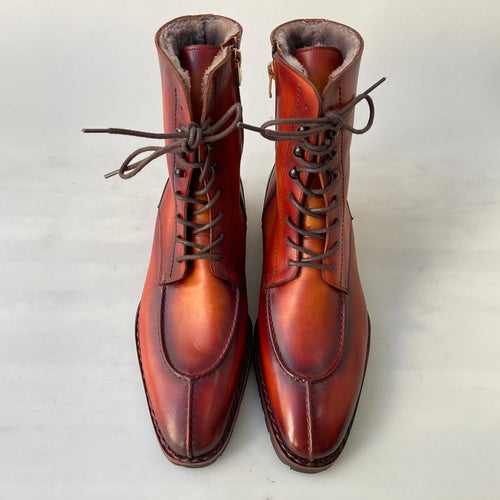 TucciPolo Mens handmade Luxury Italian leather Winter Burnished Split Toe Tan Fur Dress Boots