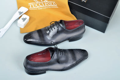 TucciPolo Black & Grey Prestigiously Designed HandWelted Oxford Mens Luxury Shoes