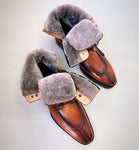 TucciPolo Mens handmade Luxury Italian leather Winter Burnished Split Toe Tan Fur Dress Boots